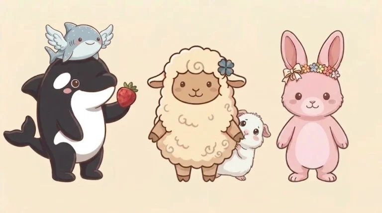 左からチョコットン、さくらちゃん、森シャチ、ふわり、ぷい
