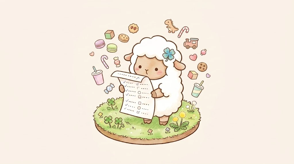 欲しいものリストを覗きこむチョコットンと、まわりに浮かぶお菓子やおもちゃのイラスト