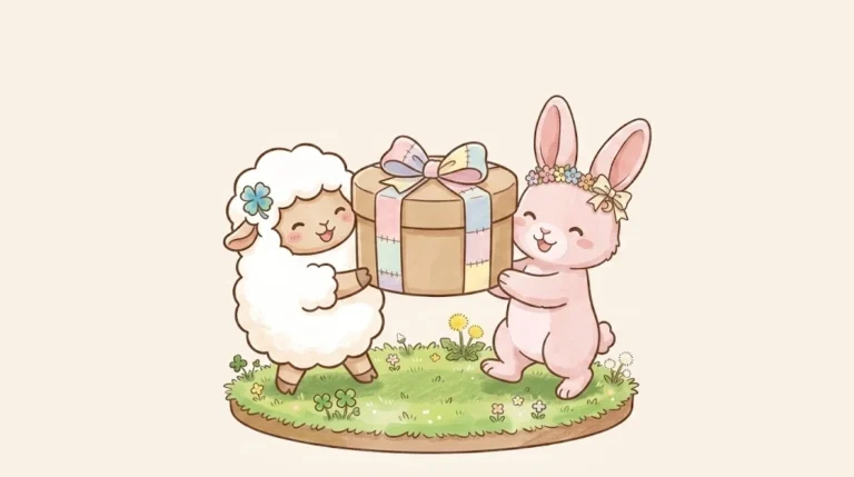 贈り物の箱をいっしょに運ぶチョコットンとさくらちゃん