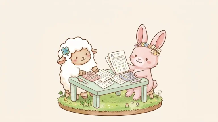 書類と電卓をならべて計算するチョコットンとさくらちゃん