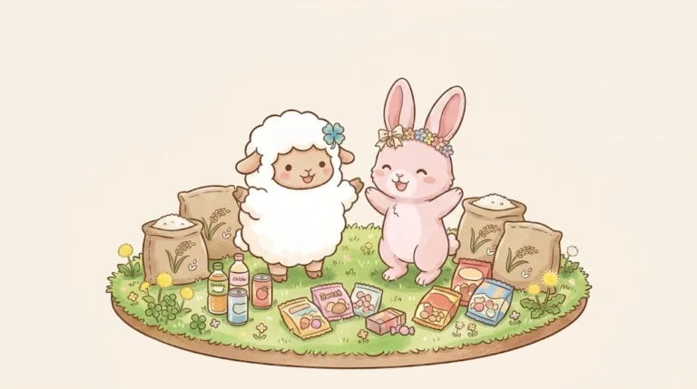 たくさんの品物にかこまれたチョコットンとさくらちゃん