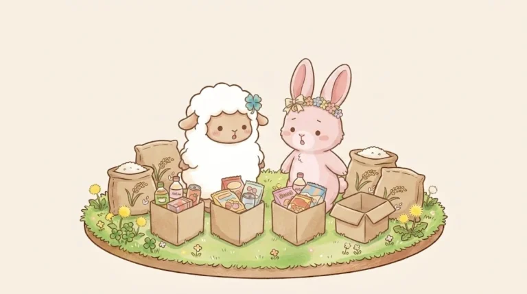4つの箱をのぞきこむチョコットンとさくらちゃん。右端の1つは空