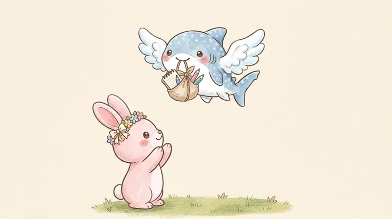 ノートと色えんぴつの包みをくわえて飛ぶふわりと、下で両手を上げて手を振るさくらちゃん
