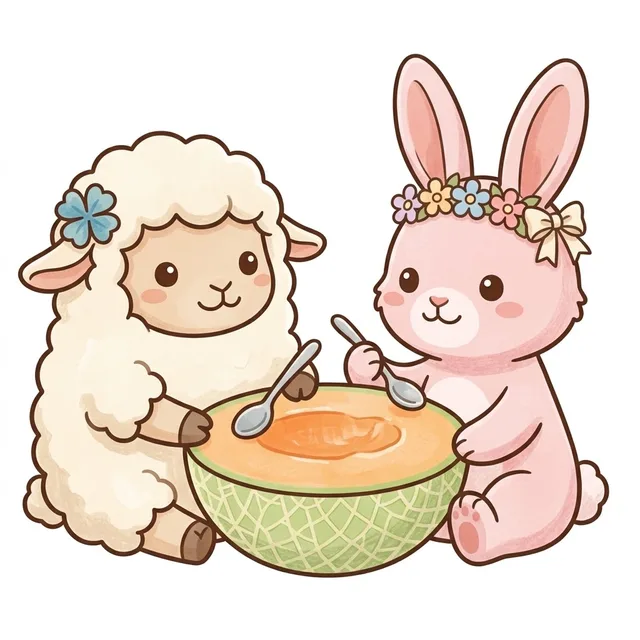 半分に切った茨城のメロンを、スプーンで一緒に食べるチョコットンとさくらちゃん