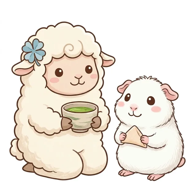 京都の抹茶を持つチョコットンと、生八つ橋を持つぷいのお茶の時間