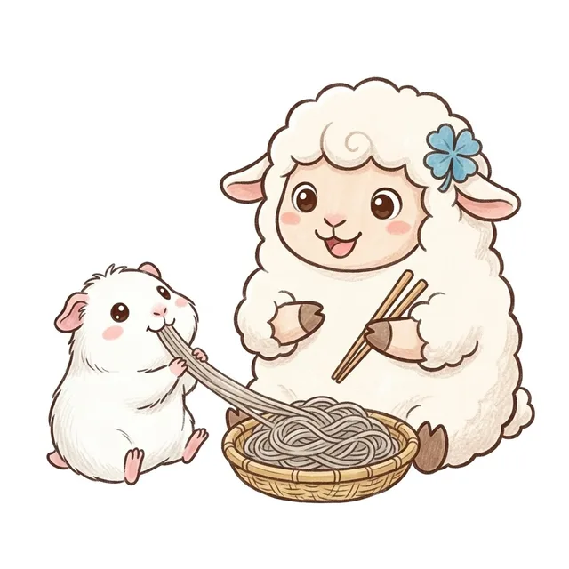 長野のざるそばを1本くわえて引っぱるぷいと、お箸を持って笑うチョコットン