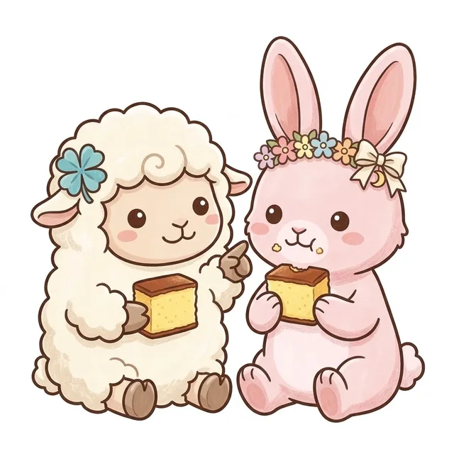 長崎のカステラを並んで食べ、さくらちゃんのほっぺのかけらを指さして笑うチョコットン