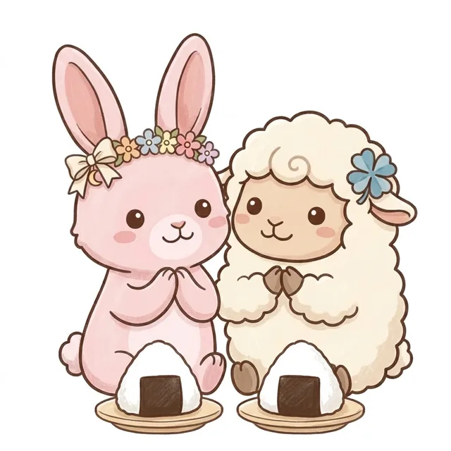 新潟のおにぎりを前に、いただきますと手を合わせるチョコットンとさくらちゃん