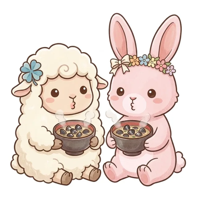 並んですわって、島根のしじみ汁をふーっと冷ますチョコットンとさくらちゃん