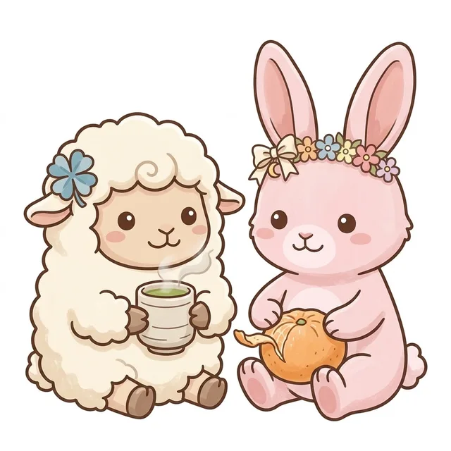 並んですわって、静岡のみかんをむくさくらちゃんと、お茶を持つチョコットン