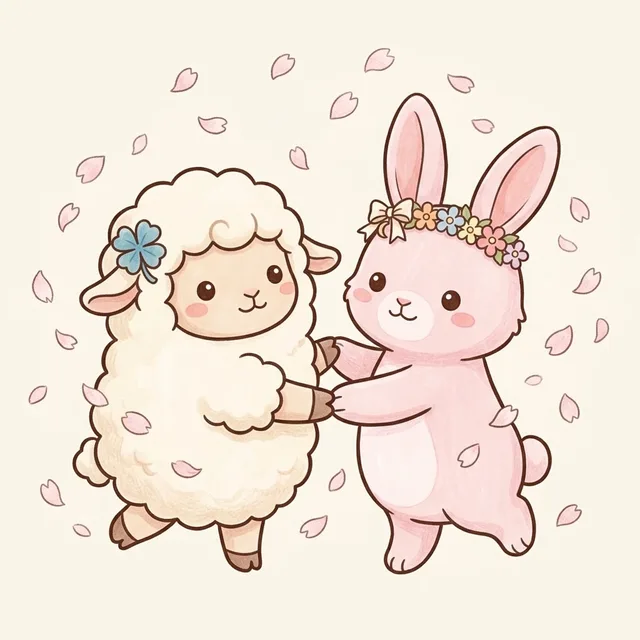 東京の桜の花びらが舞う中で、手をつないで踊るチョコットンとさくらちゃん