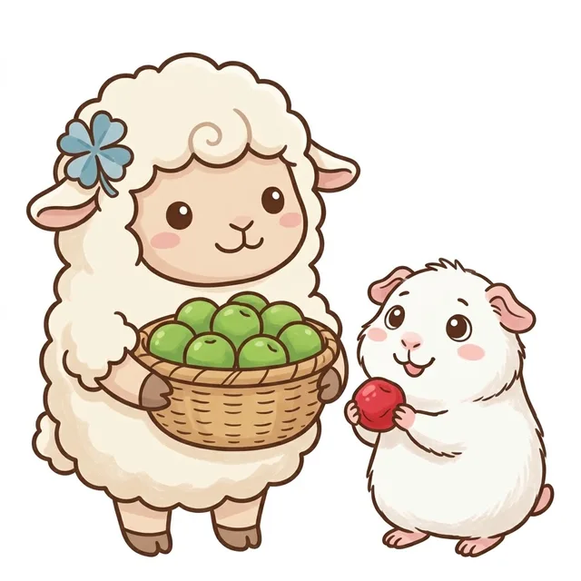 和歌山の梅の実のかごを持つチョコットンと、梅干しを差し出すぷい