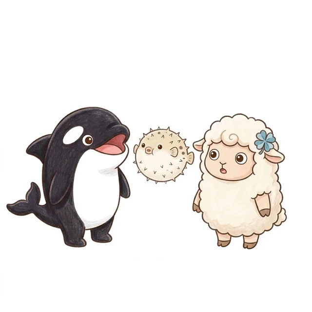 山口のふぐが空中に浮かび、立ったまま顔を見合わせて驚く森シャチとチョコットン