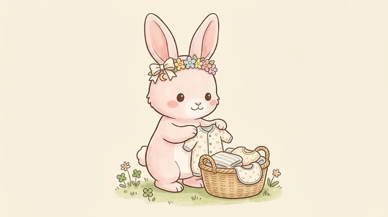小さなベビー服とスタイをたたんで、かごに入れているさくらちゃん